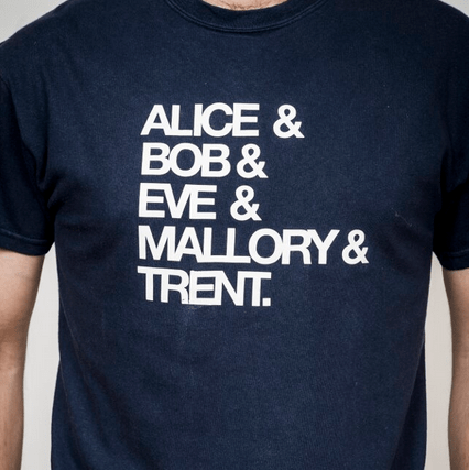 A T-shirt referencing some of the key figures in the dramatis personae of characters.